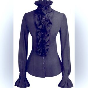 NWT Black Victorian Ruffle Button Down